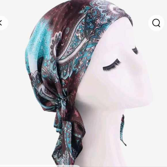 Paisley Headscarf / Chemo Cap in Teal and Brown Soft Silky - Picture 3 of 3